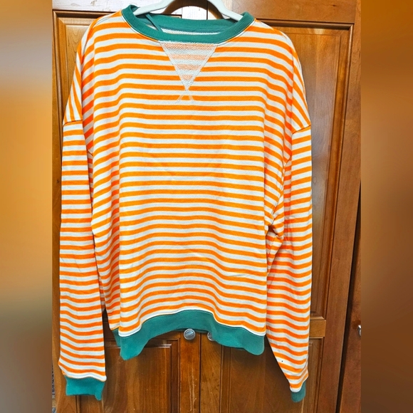 NWOT Free People Classic Striped OversizedCrewneck orange/green stripes Sz Small - Picture 4 of 5